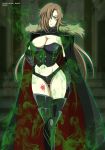  ass_visible_through_thighs aura breasts brown_hair cape genderswap genderswap_(mtf) gloves green_eyes groin hair_over_one_eye hand_on_hip high_heels high_school_dxd highres large_breasts lipstick long_hair makeup shalba_beelzebub smile solo very_long_hair yxyyxy 
