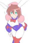  android animal_ears breasts brown_hair bunny_ears cleavage commentary_request gloves green_eyes iris_(rockman_x) leotard long_hair medium_breasts open_mouth rockman rockman_x smile solo ukimukai 