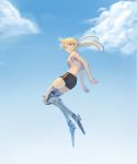  bike_shorts blonde_hair blue_eyes blue_sky breasts closed_mouth cloud copyright_request crop_top day floating_hair from_side full_body highres jumping long_hair looking_at_viewer looking_to_the_side mechanical_legs medium_breasts ponytail sky solo sookmo underboob 