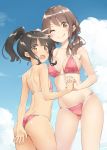  ;q ass ass_visible_through_thighs bikini black_hair blue_sky blush breasts brown_eyes brown_hair cleavage_cutout cloud collarbone commentary_request contrapposto covering covering_ass cowboy_shot day flat_chest floral_print halterneck harukana_receive higa_kanata high_ponytail holding_hands interlocked_fingers long_hair looking_at_viewer looking_back low_twintails medium_breasts multiple_girls navel one_eye_closed oozora_haruka_(harukana_receive) open_mouth outdoors peko pink_bikini ponytail sidelocks sky standing swimsuit tongue tongue_out twintails v-shaped_eyebrows v_over_eye what_if 