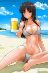  alcohol beach beer bikini black_hair blush breasts brown_eyes collarbone day drink girls_und_panzer groin highres large_breasts long_hair looking_at_viewer matsui_yasutsugu navel nishizumi_shiho ocean smile solo spread_legs swimsuit swimwear white_bikini 