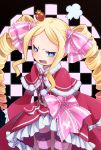  =3 abiko_yuuji bangs beatrice_(re:zero) blonde_hair blue_eyes blush bow capelet checkered checkered_background crown drill_hair fur-trimmed_capelet fur_trim hair_bow highres horizontal_stripes lolita_fashion long_hair long_sleeves looking_at_viewer mini_crown open_mouth pantyhose parted_bangs pink_bow pink_pupils pom_pom_(clothes) re:zero_kara_hajimeru_isekai_seikatsu red_capelet solo striped striped_bow striped_legwear teeth tilted_headwear twin_drills v-shaped_eyebrows 