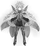  armor armored_boots boots cape closed_mouth commentary_request crown fire_emblem fire_emblem_heroes full_body greyscale hair_ornament insarability long_hair monochrome shoulder_armor simple_background solo standing twitter_username veronica_(fire_emblem) 
