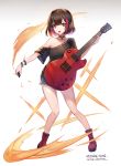  :o apple_caramel artist_name bang_dream! bangs bare_shoulders black_hair black_legwear black_shirt blue_shorts boots character_name collarbone commentary_request eyebrows_visible_through_hair gradient gradient_background grey_background guitar holding holding_instrument instrument looking_at_viewer mitake_ran multicolored_hair off_shoulder open_mouth plectrum red_eyes red_footwear red_hair revision shirt short_hair short_shorts shorts socks solo standing streaked_hair upper_teeth white_background 