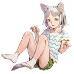  animal_ears blue_eyes boyshorts cat_ears cat_tail commentary_request fangs fingernails fish_hair_ornament full_body green_shorts grey_hair hair_bobbles hair_ornament hairclip highres looking_at_viewer original realistic sharp_fingernails shirt short_hair short_sleeves shorts simple_background slit_pupils smile socks solo tail tunapon01 white_background white_legwear 