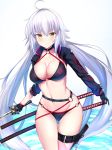  agibe bikini black_bikini black_gloves blush breasts closed_mouth commentary_request fate/grand_order fate_(series) gloves gradient gradient_background highres holding holding_sword holding_weapon jeanne_d'arc_(alter_swimsuit_berserker) jeanne_d'arc_(fate)_(all) katana leg_belt long_hair long_sleeves looking_at_viewer medium_breasts navel o-ring o-ring_bikini shrug_(clothing) silver_hair smile solo standing swimsuit sword very_long_hair weapon yellow_eyes 