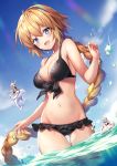  :d afloat ahoge arm_up ass_visible_through_thighs bare_arms bare_shoulders bikini black_bikini black_ribbon blonde_hair blue_eyes blue_sky blush braid breasts character_request cleavage collarbone commentary_request day dolphin dutch_angle eating fate/grand_order fate_(series) food frilled_bikini_bottom front-tie_bikini front-tie_top grey_hair groin hair_between_eyes innertube jeanne_d'arc_(alter_swimsuit_berserker) jeanne_d'arc_(fate)_(all) jeanne_d'arc_(swimsuit_archer) large_breasts long_hair looking_at_viewer multiple_girls navel ocean open_mouth outdoors popsicle ribbon riding riichu shiny shiny_hair short_hair single_braid sitting sky smile solo_focus string_bikini swimsuit thigh_gap thighs very_long_hair wading water water_drop 
