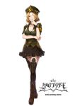  2018 armband black_legwear black_skirt blonde_hair boots breasts brown_footwear chrono_brigade cleavage collarbone copyright_name dress_shirt frilled_skirt frills full_body gabiran green_hat hat looking_at_viewer medium_breasts official_art one_eye_closed parted_lips red_eyes shirt short_hair short_sleeves simple_background skirt smile solo standing thighhighs white_background zettai_ryouiki 