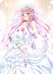  blush bouquet breasts bridal_veil cleavage commentary_request crescent crescent_hair_ornament dress flower gloves hair_ornament hair_ribbon long_hair looking_at_viewer patchouli_knowledge purple_eyes purple_hair ram_hachimin ribbon solo strapless strapless_dress touhou tress_ribbon veil wedding_dress white_dress white_gloves 