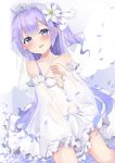  :d azur_lane bangs bare_shoulders blush breasts commentary_request covered_navel criss-cross_halter detached_sleeves dress dutch_angle eyebrows_visible_through_hair frilled_dress frills hair_bun halterneck highres jewelry long_hair long_sleeves looking_at_viewer one_side_up open_mouth petals purple_eyes purple_hair ring see-through see-through_sleeves senagawa_roro side_bun silver_trim simple_background small_breasts smile solo unicorn_(azur_lane) very_long_hair wedding_band white_background white_dress wide_sleeves 