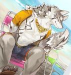  2018 4_toes abs anthro beach black_nose canine chair claws clothing digital_media_(artwork) fur kuritama looking_at_viewer male mammal pecs piercing sea seaside seth_(tas) sitting solo swimsuit toe_claws toes tokyo_afterschool_summoners water 
