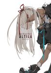  altera_(fate) alternate_costume alternate_hairstyle baggy_clothes bangs bare_legs bare_shoulders black_footwear character_name closed_mouth copyright_name dark_skin fate/extella fate/extra fate/grand_order fate_(series) hair_ribbon hand_on_own_knee head_tilt highres jacket legs long_hair looking_at_viewer red_eyes red_ribbon ribbon shenq simple_background socks solo tan white_background white_hair 