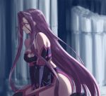  between_legs black_dress breasts broken_pillar cleavage cleavage_cutout column commentary_request dress elbow_gloves facial_mark fate/grand_order fate/stay_night fate_(series) forehead_mark gloves hand_between_legs large_breasts long_hair papipana pillar purple_eyes purple_hair rider short_dress sidelocks sitting solo thighhighs very_long_hair 
