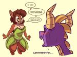  anthro blush bottomless breasts brown_hair brown_skin cleavage clothed clothing dialogue dragon dress duo elora english_text female feral green_eyes hair hi_res horn jaw_drop komdog male open_mouth open_smile purple_skin pussy red_nose satyr smile speech_bubble spyro spyro_the_dragon surprise sweat text video_games wavy_horn white_skin 