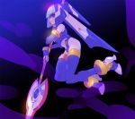  android blue_eyes blue_footwear blue_gloves blue_helmet boots breasts closed_mouth elbow_gloves full_body gloves helmet high_heels kon_(kin219) leviathan_(rockman) polearm profile rockman rockman_zero smile solo spear thigh_boots thighhighs underwater weapon 