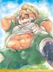  2017 anthro bear belly blush boots brown_fur bulge clothed clothing eyewear footwear fur glasses haruki hat male mammal moobs navel nipples open_shirt overweight overweight_male pants solo straw_hat teeth tokyo_afterschool_summoners volos 