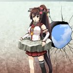  breasts brown_hair cherry_blossoms commentary cracked_wall detached_sleeves empty_eyes flower hair_flower hair_intakes hair_ornament headgear highres hole_in_wall kabe_ni_hamatte_ugokenai! kantai_collection large_breasts long_hair miniskirt open_mouth pleated_skirt ponytail red_skirt single_stripe single_thighhigh skirt solo standing stuck thighhighs tk8d32 very_long_hair wall yamato_(kantai_collection) z-flag 