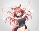  ahoge animal_ear_fluff animal_ears armpits arms_up bangs blush bottomless breasts brown_hair choker commentary_request fangs green_eyes grey_background hair_between_eyes heterochromia kekeji large_breasts long_hair navel open_mouth original outstretched_arms paw_print red_eyes simple_background solo spread_arms standing tail 