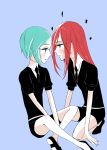  androgynous aqua_eyes aqua_hair ayahashi_(yaimu333) blue_background blush gem_uniform_(houseki_no_kuni) green_eyes green_hair houseki_no_kuni long_hair looking_at_another multiple_others necktie phosphophyllite red_eyes red_hair shinsha_(houseki_no_kuni) short_hair 