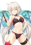  absurdres bikini black_bikini blue_sky blurry blush breasts closed_eyes cloud depth_of_field fate/apocrypha fate/grand_order fate_(series) hand_on_hip highres jeanne_d'arc_(alter_swimsuit_berserker) jeanne_d'arc_(fate)_(all) large_breasts long_hair o-ring o-ring_bikini o-ring_bottom o-ring_top palm_tree samoore silver_hair sky smile solo stylus swimsuit thighhighs tongue tree tsurime white_hair yellow_eyes 