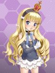  azur_lane bangs bare_shoulders black_dress black_hairband blonde_hair blue_eyes blush bow commentary_request covered_navel crossed_arms crown detached_sleeves diagonal-striped_background diagonal_stripes dress eyebrows_visible_through_hair gloves hair_bow hairband head_tilt highres honeycomb_(pattern) honeycomb_background kumaneko_rococo long_hair long_sleeves mini_crown nose_blush open_mouth queen_elizabeth_(azur_lane) solo strapless strapless_dress striped striped_background striped_hairband tilted_headwear v-shaped_eyebrows very_long_hair white_bow white_gloves 