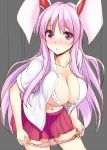  animal_ears bangs blush bra breasts bunny_ears collarbone commentary_request cowboy_shot eyebrows_visible_through_hair grey_background hair_between_eyes kue large_breasts leaning_forward lips long_hair looking_at_viewer miniskirt navel nose_blush open_clothes open_shirt panties panty_pull pink_bra pink_panties pleated_skirt pulled_by_self purple_hair red_eyes red_skirt reisen_udongein_inaba shirt simple_background sketch skirt solo standing stomach thighs touhou underwear very_long_hair white_shirt wing_collar work_in_progress 
