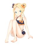  abigail_williams_(fate/grand_order) absurdres bangs bare_arms bare_legs bare_shoulders barefoot bikini black_bikini black_bow blonde_hair blue_eyes blush bow commentary_request emerald_float eyebrows_visible_through_hair fate/grand_order fate_(series) forehead hair_bow highres orange_bow parted_bangs sidelocks simple_background sitting solo swimsuit toenails white_background yukaa 