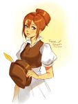  brown_hair dress green_eyes hat looking_at_viewer mella octopath_traveler short_hair simple_background smile solo tressa_(octopath_traveler) 