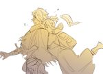  1girl cape couple dress gloves hair_over_one_eye hat hug long_hair mella monochrome octopath_traveler scarf short_hair simple_background smile therion_(octopath_traveler) tressa_(octopath_traveler) 