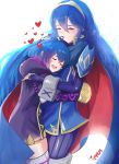  ahoge artist_name blue_hair blush blush_stickers cape closed_eyes fingerless_gloves fire_emblem fire_emblem:_kakusei gloves hand_on_another's_head heart heart_ahoge highres hood hug ippers jacket long_hair lucina mark_(female)_(fire_emblem) mark_(fire_emblem) mother_and_daughter multiple_girls one_eye_closed open_mouth short_hair simple_background smile thighhighs tiara 