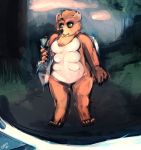  2017 5_fingers 5_toes 6_breasts absurd_res anthro bear biped black_nose blue_sky breasts chest_tuft cloud detailed_background digital_media_(artwork) digital_painting_(artwork) dirtyscoundrel duo featureless_crotch female feral fingers fish forest front_view fur green_eyes hi_res holding_fish landscape mammal marine multi_breast multicolored_fur nude on_ground outside scenery signature sky smile solo_focus standing tan_ears tan_fur tan_hair toes tree truttle_(character) tuft two_tone_fur water white_fur 