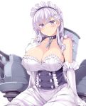  apron azur_lane bangs belfast_(azur_lane) blue_eyes blush braid breasts chain cleavage closed_mouth collar collarbone commentary dress elbow_gloves eyebrows_visible_through_hair french_braid frilled_gloves frills gloves hand_on_own_breast hasu_(hk_works) large_breasts long_hair looking_at_viewer machinery maid maid_headdress rigging sidelocks silver_hair sitting smile solo white_gloves 