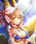  animal_ear_fluff animal_ears bikini_top blue_bikini_top blue_sky bow breasts cloud commentary_request day ears_through_headwear eyebrows_visible_through_hair fate/grand_order fate_(series) fox_ears fox_tail hat hat_bow highres horizontal_stripes jewelry kanna_(chaos966) large_breasts long_hair looking_at_viewer necklace pink_hair sky solo striped striped_bow tail tamamo_(fate)_(all) tamamo_no_mae_(swimsuit_lancer)_(fate) upper_body white_hat yellow_eyes 
