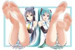  2girls barefoot blue_eyes blue_hair blush feet green_eyes hatsune_miku legs_up long_hair looking_at_viewer luo_tianyi multiple_girls open_mouth panties pantyshot parted_lips pov soles striped striped_panties toes twintails underwear vocaloid vocanese 
