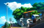  cloud day fence guard_rail house mizuasagi no_humans original outdoors road road_sign scenery sign sky tree window 
