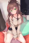 bang_dream! bangs bare_legs bare_shoulders barefoot bed belt between_legs blurry blush breasts brown_hair dress earrings floating_hair green_eyes hair_between_eyes head_tilt heart heart_pillow imai_lisa indoors jewelry kurai_masaru long_hair long_sleeves looking_at_viewer on_bed pillow ponytail sitting sleeves_past_fingers sleeves_past_wrists smile solo striped striped_dress sweater sweater_vest 