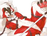  2017 ambiguous_gender anthro claws fangs fur kuritama lycanroc midnight_lycanroc nintendo open_mouth pawpads pok&eacute;mon pok&eacute;mon_(species) red_eyes red_fur saliva simple_background solo toe_claws tongue tongue_out video_games white_background white_fur 
