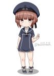  black_neckwear blue_dress brown_eyes brown_hair clothes_writing dated dress full_body hat kantai_collection looking_at_viewer masara_(masalucky2010) neckerchief peaked_cap sailor_collar sailor_dress sailor_hat short_hair simple_background solo standing twitter_username v white_hair younger z3_max_schultz_(kantai_collection) 