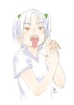  1girl bangs child female open_mouth original pale_color parted_bangs saliva satsuyo short_hair simple_background solo teeth tongue tongue_out two_side_up white_background 