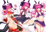  ;d ass blue_eyes blush detached_sleeves dragon_girl dragon_horns dragon_tail elizabeth_bathory_(brave)_(fate) elizabeth_bathory_(fate) elizabeth_bathory_(fate)_(all) eyebrows_visible_through_hair fate/grand_order fate_(series) highres holding holding_sword holding_weapon horns long_hair looking_at_viewer midriff multiple_views navel one_eye_closed open_mouth pink_hair simple_background smile star sword tail weapon white_background yykuaixian 