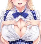  1girl :d \||/ bare_arms blonde_hair blue_neckwear blush bow bowtie breasts buttons cleavage commentary_request copyright_request deep_skin facing_viewer fingernails gingham hands_up head_out_of_frame large_breasts lips long_hair matsuryuu open_mouth shiny shiny_hair simple_background smile solo unbuttoned upper_body white_background 