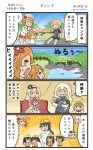  &gt;_&lt; 4koma 6+girls :d akagi_(kantai_collection) alternate_costume aquila_(kantai_collection) ark_royal_(kantai_collection) arms_up bare_shoulders bismarck_(kantai_collection) black_hair blonde_hair blue_hair braid brown_hair comic commentary crown day detached_sleeves dress food french_braid gloves graf_zeppelin_(kantai_collection) grey_gloves hair_between_eyes hairband high_ponytail highres hiryuu_(kantai_collection) holding holding_spoon houshou_(kantai_collection) kaga_(kantai_collection) kantai_collection littorio_(kantai_collection) long_hair long_sleeves low_twintails megahiyo military military_uniform mini_crown multiple_girls no_hat no_headwear o_o off-shoulder_dress off_shoulder one_side_up open_mouth ponytail prinz_eugen_(kantai_collection) red_hair rock shirt short_hair side_ponytail sidelocks smile souryuu_(kantai_collection) speech_bubble spoon tiara translated tree twintails twitter_username uniform warspite_(kantai_collection) white_dress white_shirt 
