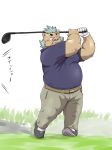  2018 anthro belly blush boar clothing footwear golf gouryou hair humanoid_hands japanese_text male mammal mohawk overweight overweight_male pants porcine shirt shoes solo take_tsugu_roh text tokyo_afterschool_summoners tusks 
