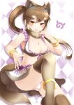  :3 :d absurdres animal_ears argyle argyle_background blush bracelet breasts brown_hair cleavage commentary extra_ears eyebrows_visible_through_hair fang fur_collar hand_to_own_mouth highres indian_wolf_(kemono_friends) japari_symbol jewelry kanzakietc kemono_friends large_breasts light_brown_legwear long_hair looking_at_viewer open_mouth orange_hair panties ponytail skirt smile solo tail thighhighs underwear v-shaped_eyebrows white_panties wolf_ears wolf_tail 