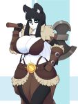 2018 anthro axe battle_axe bear big_breasts black_hair blue_eyes breasts cleavage clothed clothing crankyconstruct female hair hi_res holding_object holding_weapon looking_at_viewer mammal melee_weapon panda solo weapon 