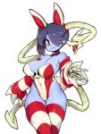  2018 armwear blue_hair breasts clothed clothing female hair hair_over_eye hi_res legwear leviathan_(skullgirls) looking_at_viewer not_furry red_eyes simple_background skullgirls slugbox solo squigly striped_legwear stripes undead white_background zombie 