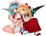  ;t adapted_costume artist_name ascot bangs bat_wings black_neckwear black_ribbon blonde_hair blue_hair blush bobby_socks bow commentary crystal dress eyebrows_visible_through_hair fang_out flandre_scarlet frilled_shirt_collar frills gotoh510 hand_up handkerchief hat hat_bow head_tilt high_heels holding holding_hands holding_spoon interlocked_fingers knees_up long_dress long_hair looking_at_another mary_janes mob_cap multiple_girls nail_polish neck_ribbon one_eye_closed one_side_up parted_lips pink_dress pink_hat pointy_ears puffy_short_sleeves puffy_sleeves red_bow red_dress red_eyes red_footwear red_nails red_neckwear remilia_scarlet ribbon sash shoes short_sleeves siblings signature simple_background sisters sitting smile socks spoon touhou wariza white_background white_legwear white_sash wings wrist_cuffs 