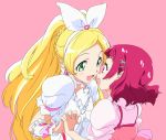  :d blonde_hair blush choker commentary_request cure_rhythm earrings eye_contact green_eyes hair_ornament hairband heart heart_earrings holding_hands hugtto!_precure interlocked_fingers jewelry long_hair looking_at_another magical_girl minamino_kanade multiple_girls nono_hana open_mouth pink_background ponytail precure puffy_short_sleeves puffy_sleeves red_eyes red_hair short_hair short_sleeves simple_background smile suite_precure umanosuke white_choker white_hairband x_hair_ornament yuri 