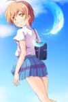  ahoge bag blue_skirt blurry day depth_of_field eyebrows_visible_through_hair feathers highres hoshizora_rin looking_back love_live! love_live!_school_idol_project miniskirt orange_hair otonokizaka_school_uniform parted_lips plaid plaid_skirt pleated_skirt school_bag school_uniform sen_(sen0910) shirt short_hair short_sleeves skirt solo sparkle white_shirt yellow_eyes 