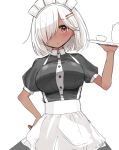  :o apron black_dress blush breasts dark_skin dress hair_ornament hair_over_one_eye hairclip hand_on_hip hand_up holding large_breasts looking_at_viewer maid maid_apron maid_headdress malice-chan_(malice_stella) malice_stella one_eye_covered original red_eyes short_hair short_sleeves simple_background solo standing tray white_apron white_background white_hair 